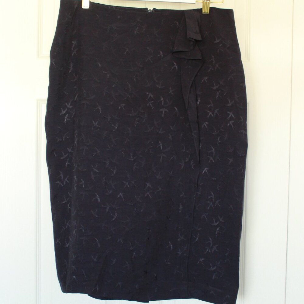 Ann Taylor navy pencil skirt bird print front ruffle size 12